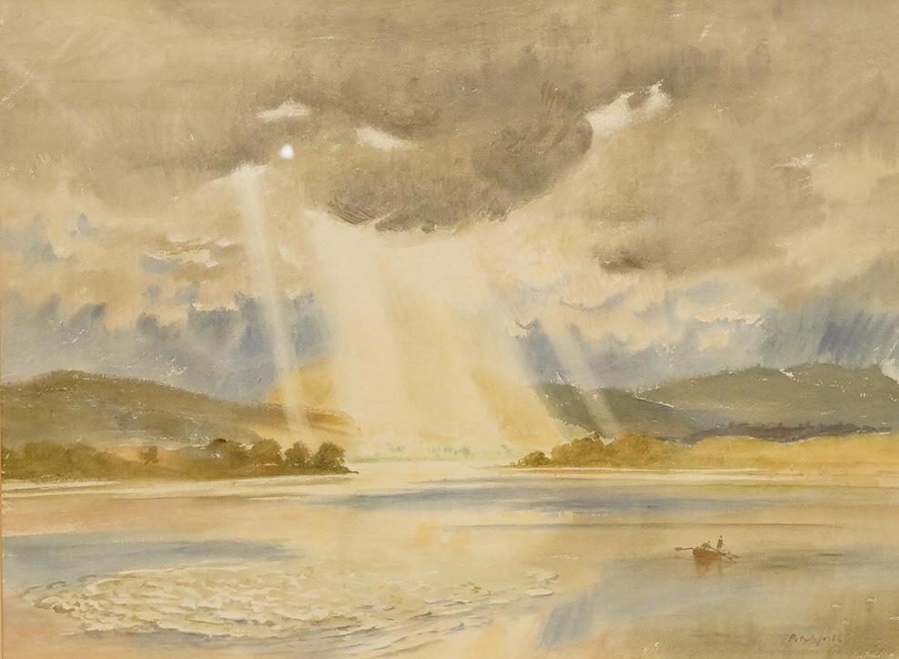 Roland Vivian Pitchforth RA ARWS (1895-1982), watercolour, Loch scene with rowing boat, signed, 44 x 59cm. Condition - fair to good